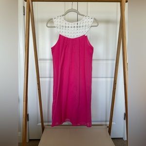 Lilly Pulitzer hot pink dress with sash and crochet neckline